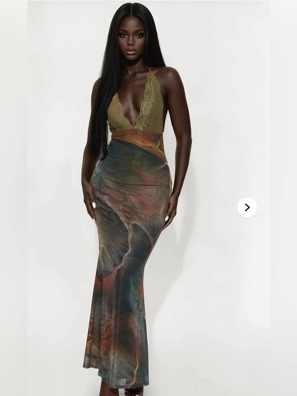 Fashion Nova Olive Lace Halter Maxi Dress with Marbleed Skirt
